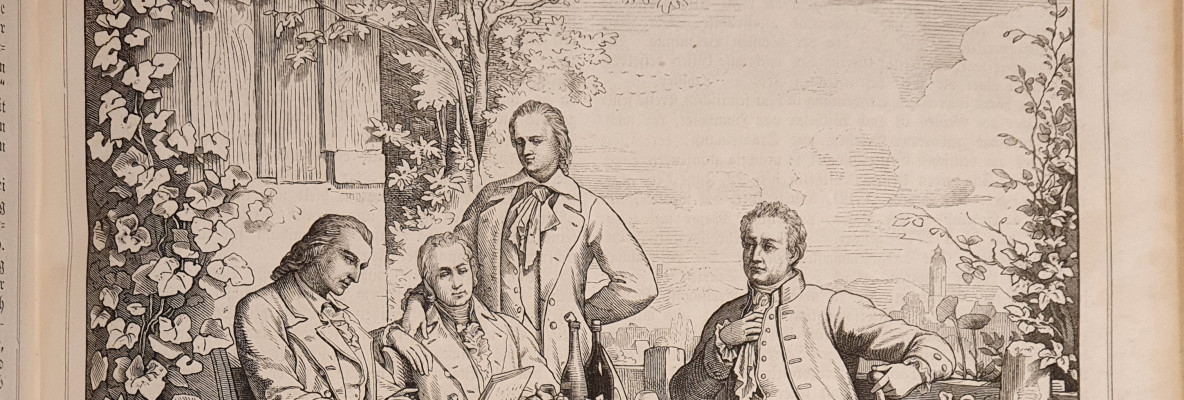Schiller, Humboldt und Goethe am Steintisch in Jena, Kupferstich nach einer Zeichnung von Andreas Müller